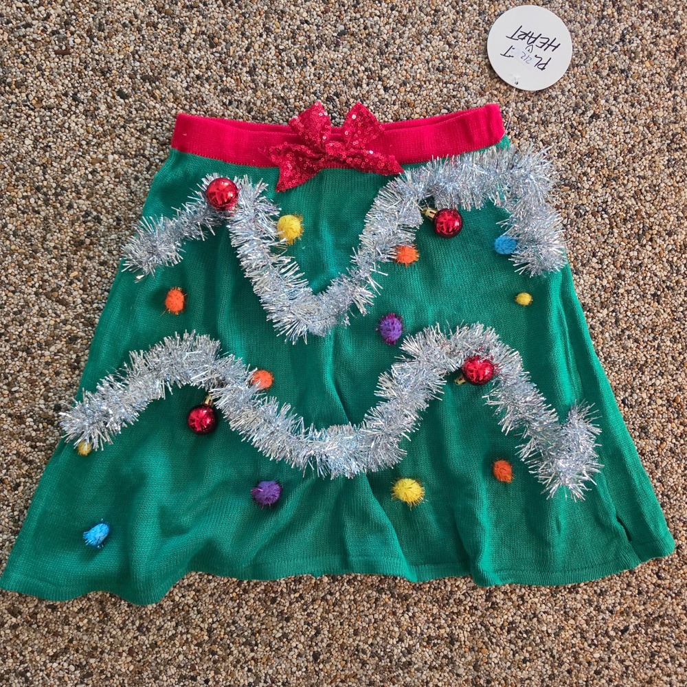 Planet Heart Ugly Christmas Tree Sweater Skirt Green Red Tinsel Pom Poms Small